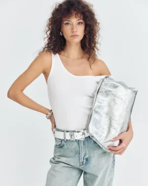 Leather Twist Δερμάτινη Τσάντα Ασημί  Velvet Mini
