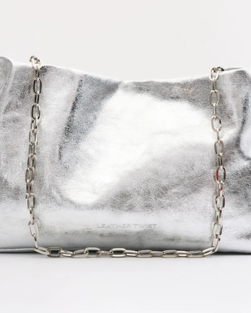Leather Twist Δερμάτινη Τσάντα Ασημί  Velvet Mini