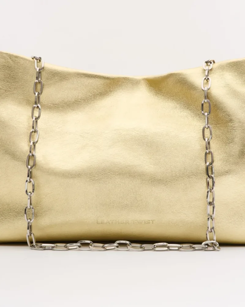 Leather Twist Δερμάτινη Τσάντα Χρυσή με Αλυσίδα Velvet Mini