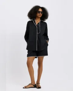 Μαύρο βαμβακερό oversized σετ Dolce Domenica με λευκές λεπτομέρειες