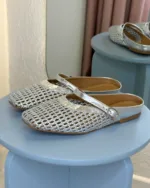 So Chic Δερμάτινα Ασημί Πλεκτά Mules Flat