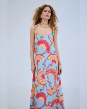 Iraida Μάξι Slip Φόρεμα με Print Βεντάλιες Sunwake light blue