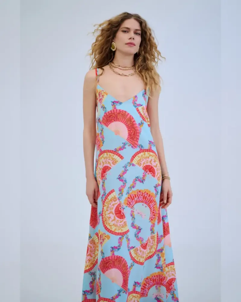 Iraida Μάξι Slip Φόρεμα με Print Βεντάλιες Sunwake light blue