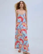 Iraida Μάξι Slip Φόρεμα με Print Βεντάλιες Sunwake light blue