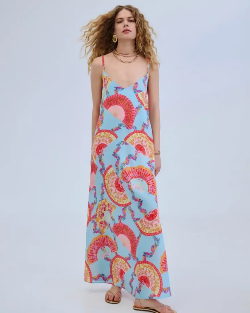 Iraida Μάξι Slip Φόρεμα με Print Βεντάλιες Sunwake light blue